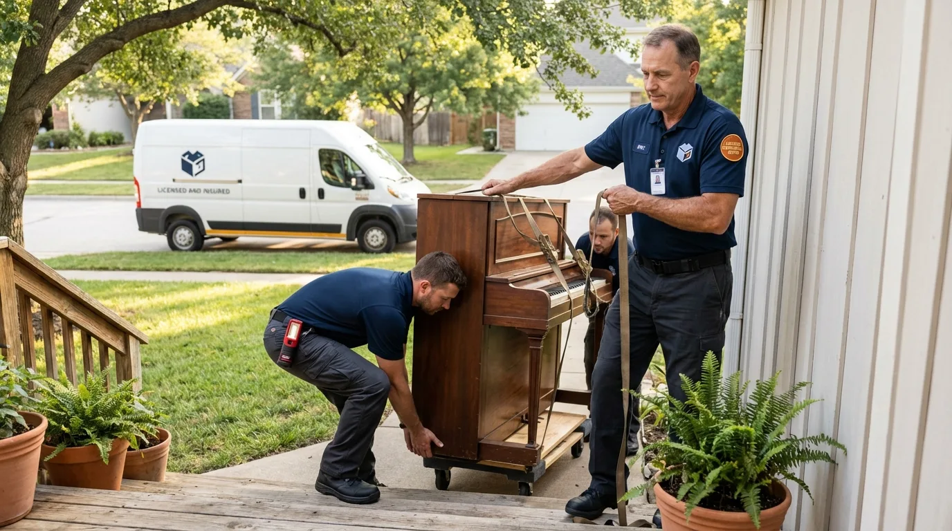 Licensed piano movers securing grand piano in Laurel, NY