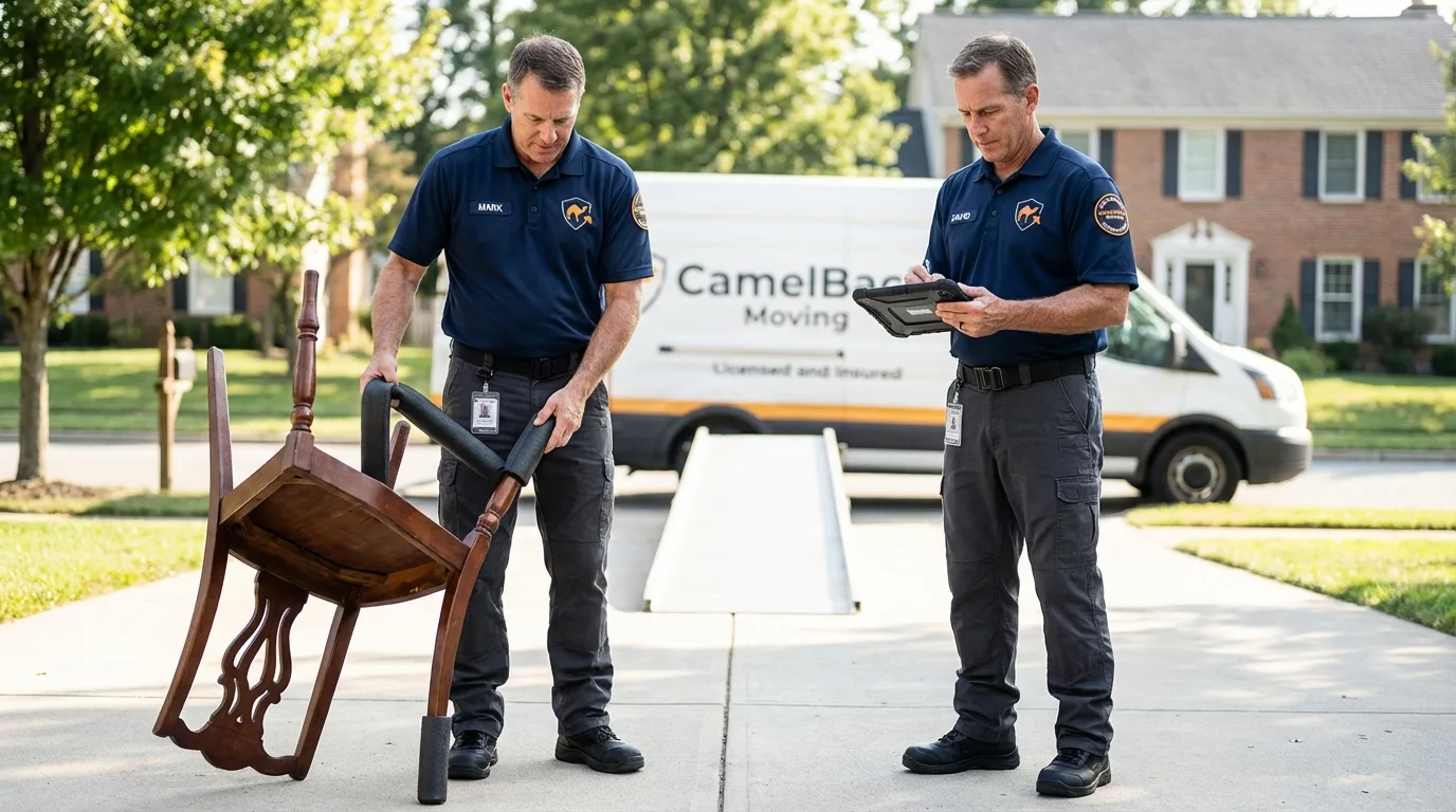 Movers inspecting furniture for damage prevention before loading in Laurel, NY